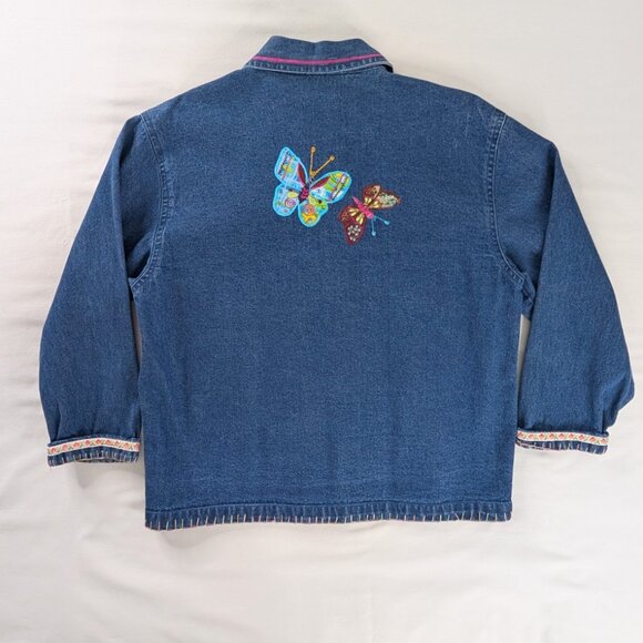 VTG Blue Pink Denim Butterfly Embroidered Floral Patches Cuffed Button Up Jacket - Picture 3 of 6
